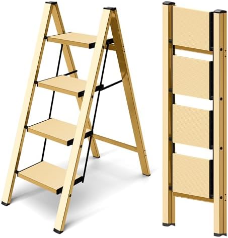 Taranta 4 Step Stool Foldable, Aluminum Step Ladder-Gold by TARANTA