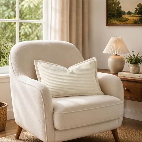 MIULEE Couch Pillow Covers Lumbar 12x20 Cream White Textured Corduroy - Image 3