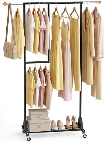 Rolling Clothing Rack with Bottom Storage Shelf & lockable Casters, Dresses by HRUSGO