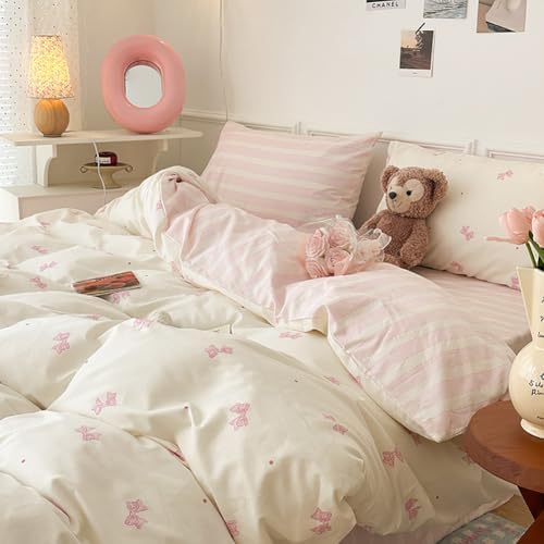 Nayoroom Pink Bow Polka Dot Comforter Set Full Reversible Striped Bedding by Nayoroom
