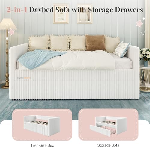Jocisland Twin Daybed with Storage Drawers, Corduroy Upholstered - Image 5