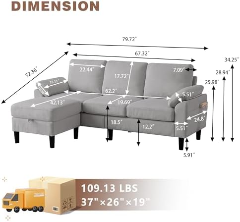 80''L Shaped Sectional Sofa Couch, 3 Seater Corduroy Sofa - Image 2