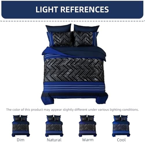 Luxudecor Blue Comforter Set Queen Size, 7 Pieces Stripe Geometric Bed in a Bag - Image 7