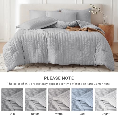 Oversized King Comforter Set 7 Pieces, Seersucker Bed in a Bag, Light Grey - Image 5