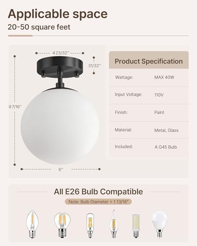 Majade Semi Flush Mount Ceiling Light 6" Globe Black Modern Light 2Pc - Image 3