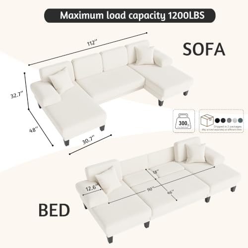 112'' U-Shaped Sectional Couch, Sleeper Sofa - Image 2