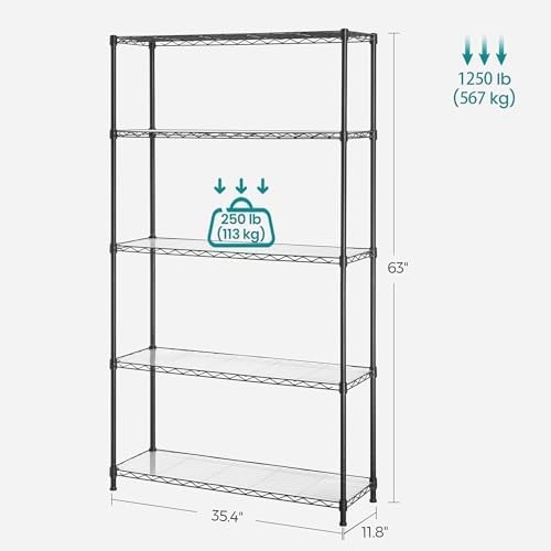 SONGMICS 5-Tier Storage Shelves, Adjustable Wire Shelving Unit, 8 Hooks - Image 3