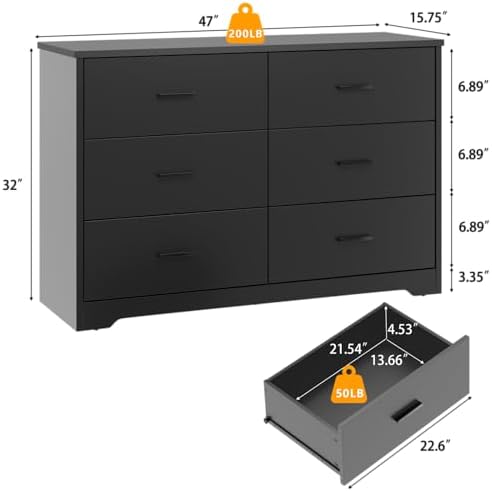 Black Dresser for Bedroom, 6 Drawer Dressers & Chests of Drawers - Image 2