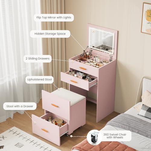Small Makeup Vanity Desk with Mirror and Lights, 3-in-1 Compact Vanity Set - Image 7