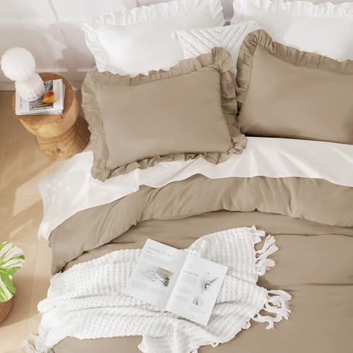 Andency Taupe Queen Comforter Set, 3 Pieces Farmhouse Shabby Chic Bedding - Image 3