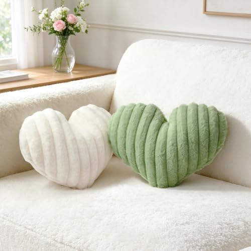 2PCS Heart Pillows, 12.9"x9" White Green Decorative Throw Pillows by Unknown