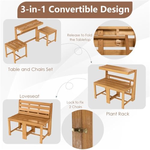 Convertible Outdoor Furniture Set, Acacia Wood Patio Loveseat, Table & Chairs - Image 3