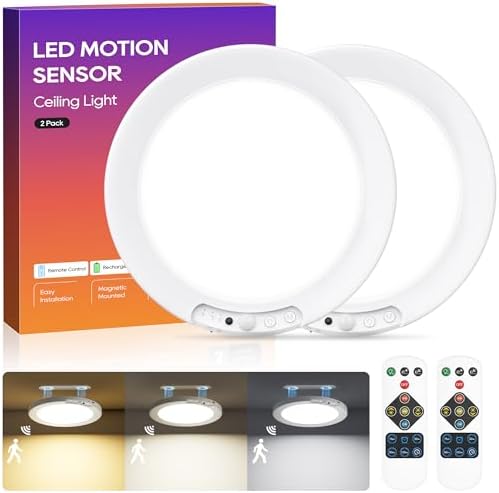 2 Pack Rechargeable Motion Sensor Ceiling Light, 8000mAh Battery Operated by DiDiskyCabinetLights