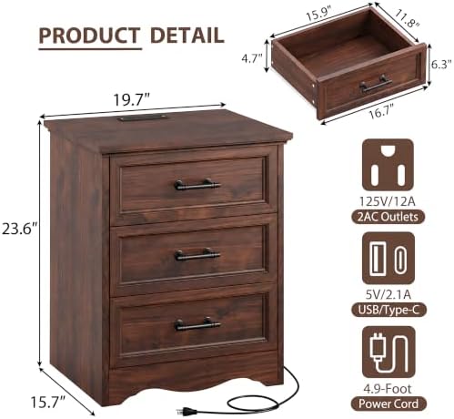 YANSNWO Walnut Nightstand with Charging Station, 19.7" 3-Drawer End Table - Image 3