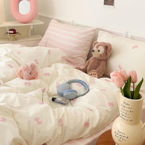 Nayoroom Pink Bow Polka Dot Comforter Set Full Reversible Striped Bedding - Image 4