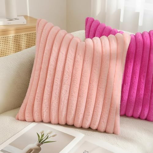 decorUhome Fall Faux Fur Throw Pillow Covers 22x22 Set of 2 Hot Pink - Image 4