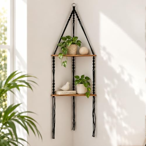 Artilady Corner Shelf Macrame Wall Hanging Balck, Boho Wood Storage Decor by Artilady