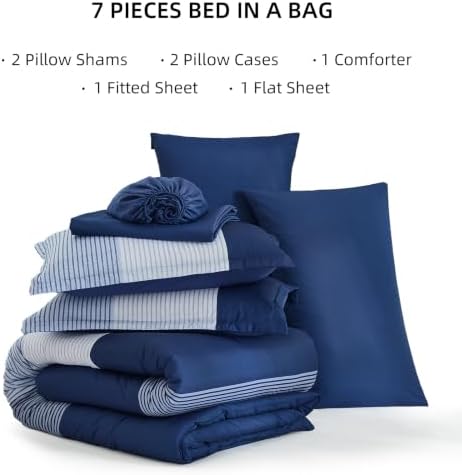 Navy Blue King Size Comforter Set, 7 Pieces Boho Striped Bed in a Bag - Image 6