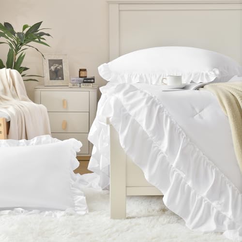 Cupocupa White Ruffle King Size Comforter Set; Shabby Chic Bedding Farmhouse - Image 7