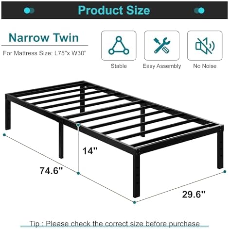 Heavy Duty Narrow Twin Bed Frame, 14 Inch Metal Platform 30x75 Inch - Image 2