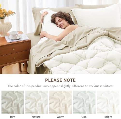MUXHOMO Queen Comforter Set 7 Pieces, Reversible Bed in a Bag, Ivory/Khaki - Image 4