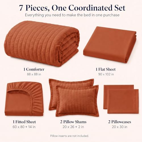 CozyLux Queen Comforter Set, 7 Pieces Burnt Orange Seersucker Bed in a Bag - Image 2