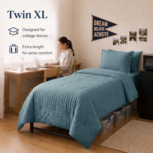 CozyLux Twin XL Comforter Set 5 Pieces Mineral Blue Seersucker Bed in a Bag - Image 6