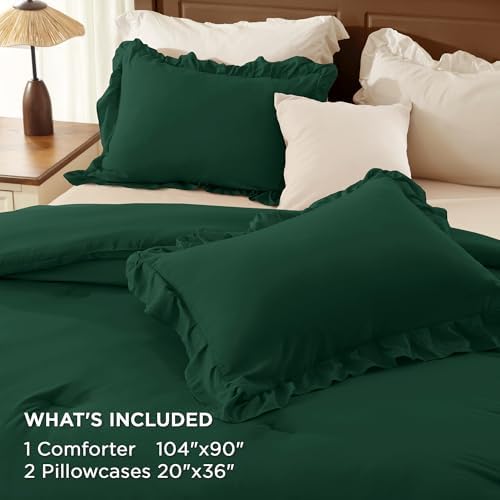 Andency Dark Green Ruffle Comforter Set King, 3 Pieces Solid Bedding - Image 7