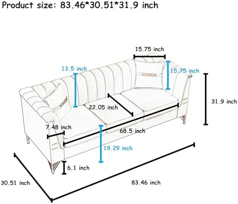 83" Oversized 3 Seater Sofa, Velvet Couch - Image 2