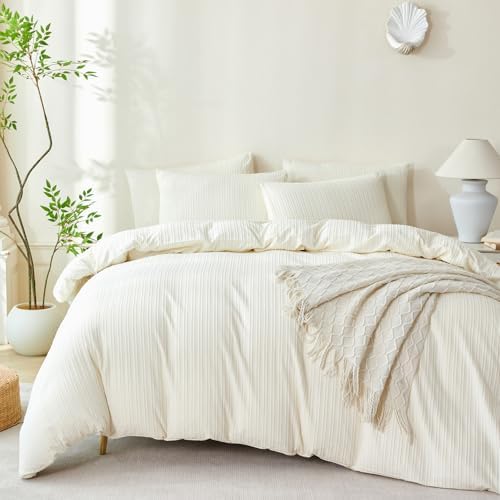Queen Comforter Set Striped Beige 100% Soft Washed Microfiber Jacquard 3 Pieces by BUPIRD