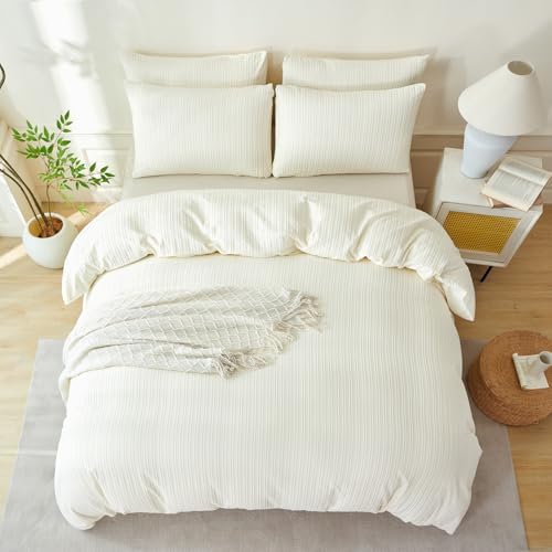 Queen Comforter Set Striped Beige 100% Soft Washed Microfiber Jacquard 3 Pieces - Image 4