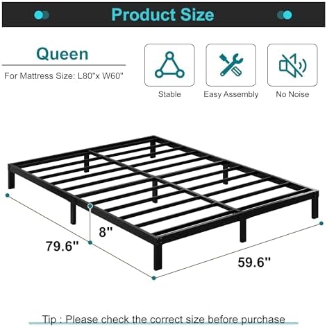 8 Inch Bed Frame Queen Size, Queen Platform Metal Bed Frame - Image 2