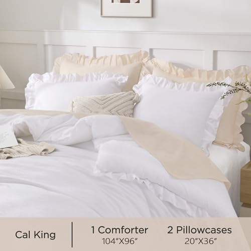 Andency California King Ruffle Comforter Set White, 3 Pieces Solid Bedding - Image 5
