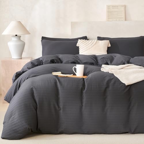 Dark Grey Comforter Set Queen Size Striped Soft Washed Microfiber Jacquard 3 by BUPIRD