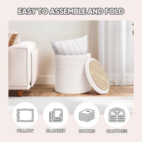 Compact Round Folding Storage Ottoman, Cream White Boucle Footstool - Image 4