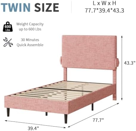 Twin Bed Frame with Chenille Headboard and Side Pockets - Image 2
