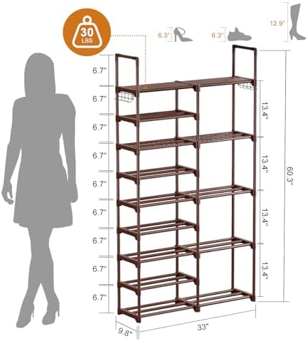 WOWLIVE 9 Tier 2-Column Shoe Rack, 30-35 Pairs Stackable Brown - Image 3