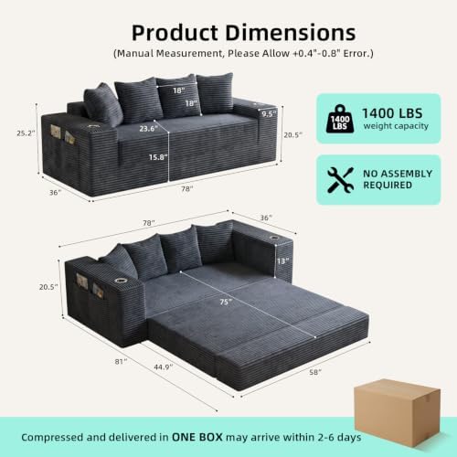 77" Convertible Futon Sofa Bed, Boneless Couch - Image 3