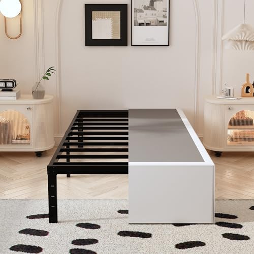 Twin Bed Frame with White Fabric Cover 14 Inch, Heavy Duty Metal Bed Frame Twin by Maenizi