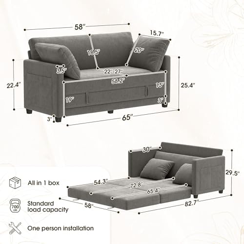 Myroyalsit 65" Convertible Loveseat Sofa Bed, 2-in-1 Folding Sofa Bed - Image 3