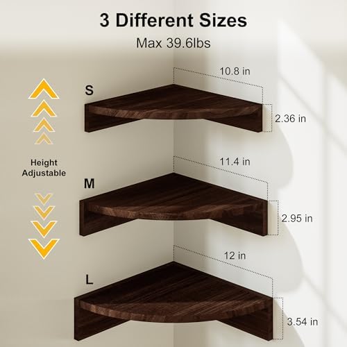 Wood Corner Shelves Wall Mount 3-Pack, Dark Brown - Image 3