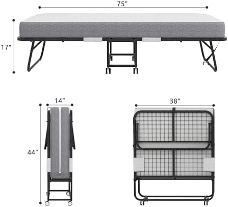 Folding Bed with 5" Memory Mattress, Roll Away Foldable Beds on Wheels - Image 2
