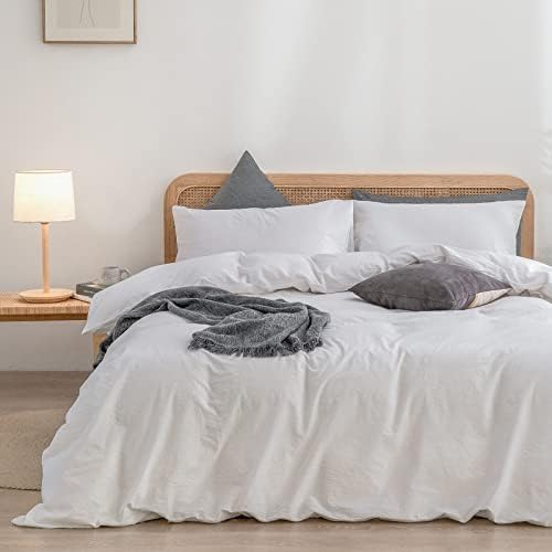 BESTOUCH Cotton Solid Duvet Cover Set Linen Feel Bright White Full by BESTOUCH