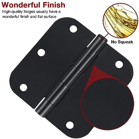 Rounded Door Hinges 3-1/2" x 3.5 Inch, 5/8 Radius, Matte Black 3 ½" 36 Pack No Squeak,Interior Hinge for Doors Office Bed Room,Outdoor Window,Constructition Iron Hardware for House Home Flat