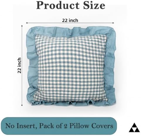 JoraLion Ruffled 22x22 Pillow Cover Gingham Smoke Blue Solid Edge - Image 4