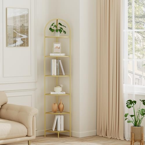 6-Tier Gold Corner Shelf Stand, Metal Corner Bookshelf by Homhedy
