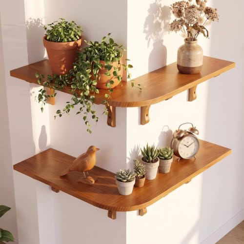 2 Set Wood Floating Corner Shelves L-Shaped Wrap Around Wall Mounted Display by Pinkunn