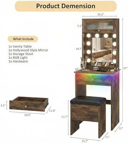 ARTETHYS Small Vanity with Mirror & RGB Light Rustic Makeup Set - Image 2