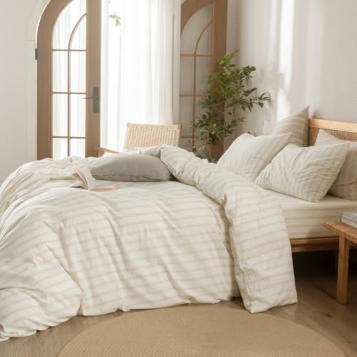 BESTOUCH Striped Cotton Duvet Cover Set Linen Feel Oversized Queen - Image 4