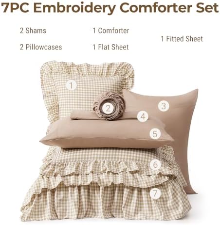 Queen Comforter Set Gingham Ruffle Tan 7 Pieces Bed in a Bag - Image 7